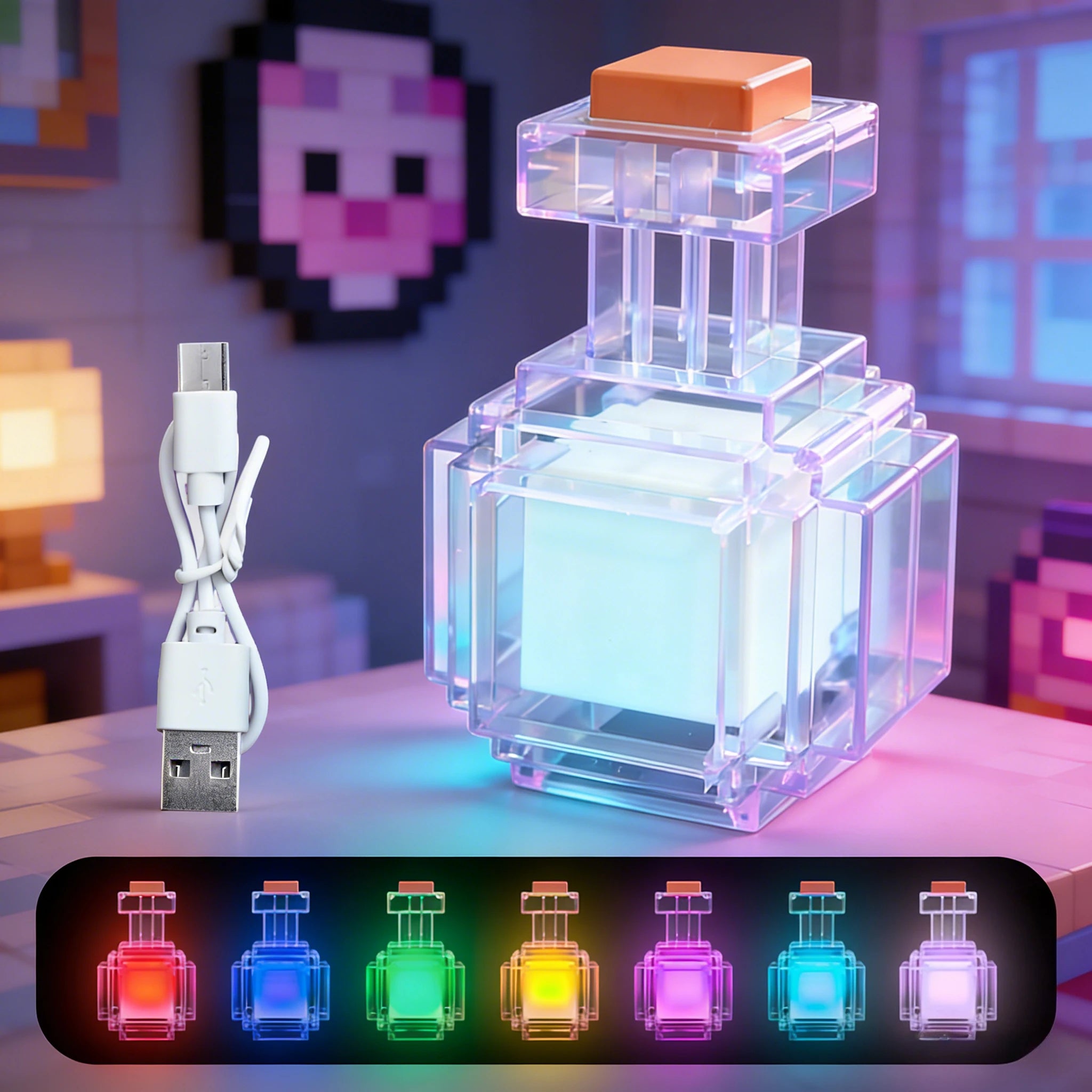 Magiczna Butelka LED – Lampka Nocna Pixel Art 7 Kolorów